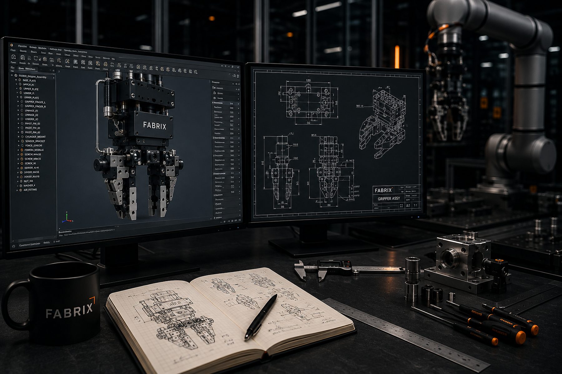Engineering-Arbeitsplatz mit CAD-Modell einer Greiferbaugruppe und technischer Zeichnung auf zwei Bildschirmen